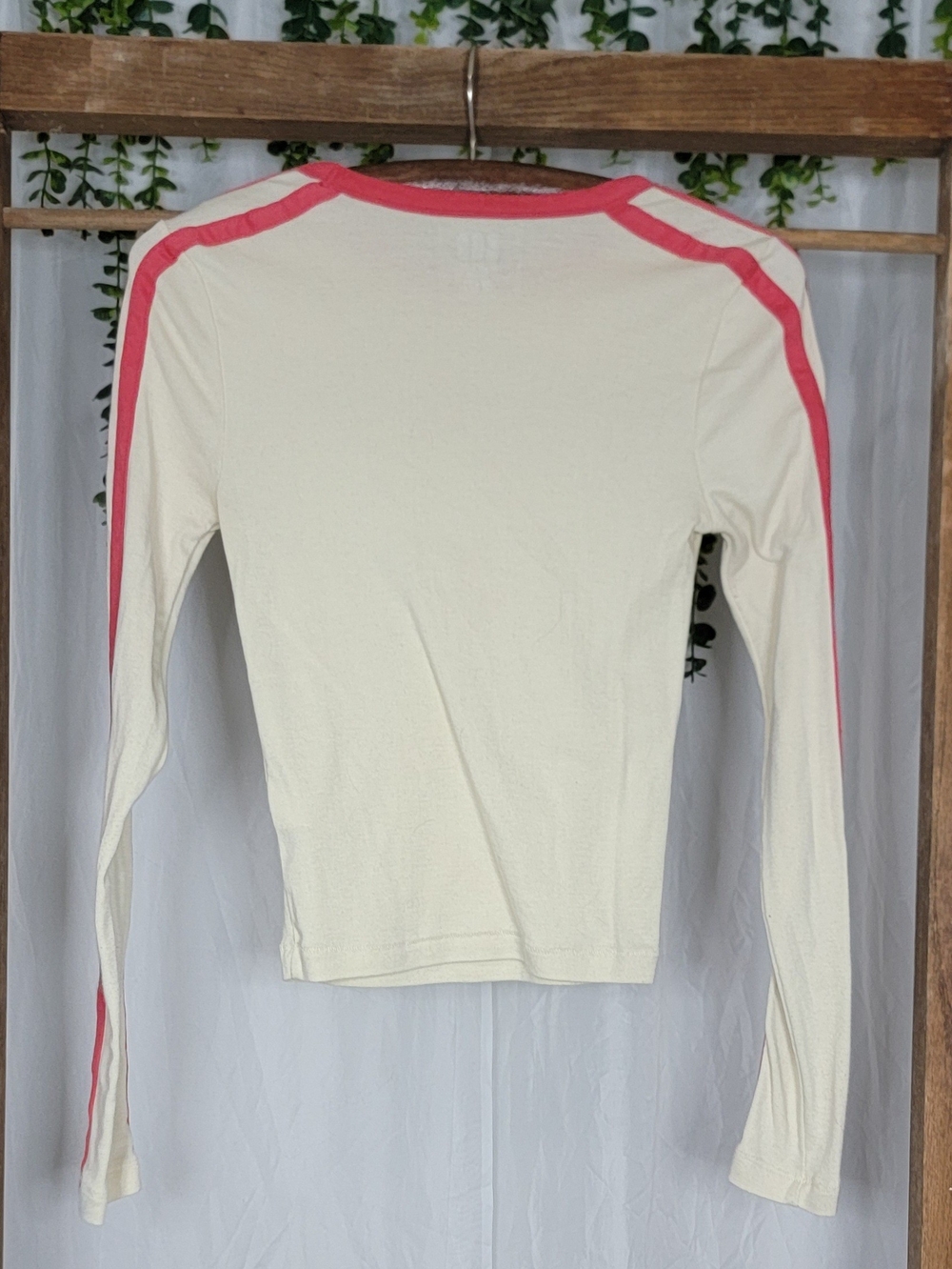 Graphic Long Sleeve Top Y2K Baby Tee Cream Red Striped Fitted Medium - Picture 7 of 8